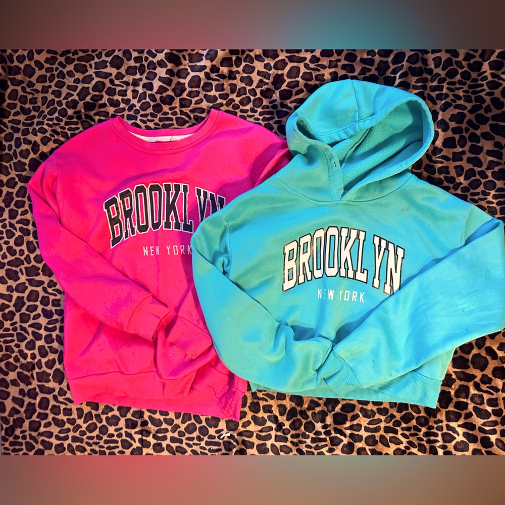 Juniors XS Pink Brooklyn crewneck sweatshirt and Blue Brooklyn cropped hoodie